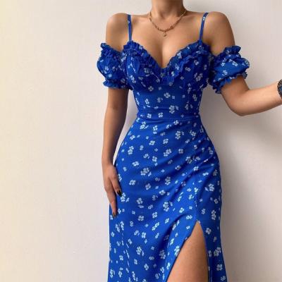 China New Women's Sexy Halter Anti-Static Off Shoulder Ruched Low Cut Floral Dress Slim Bodycon Female Split Dress for sale