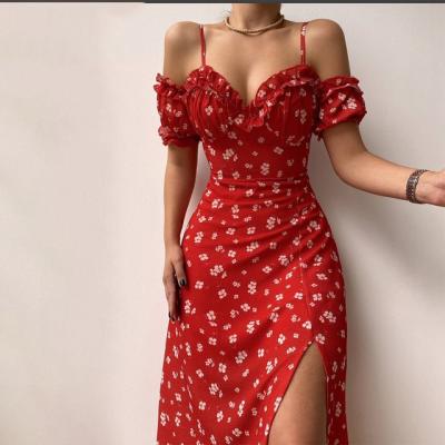 China European women's summer anti-static new temperament and American temperament and American suspender skirt mid-length slit irregular floral dress for sale