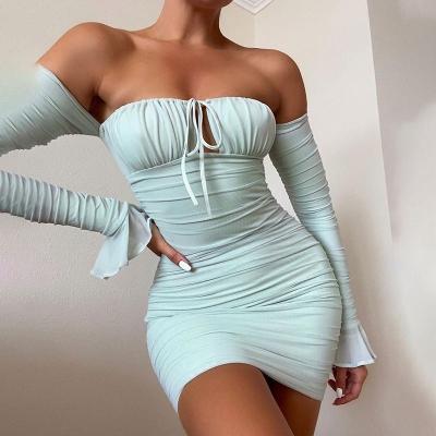 China Breathable Dropshipping 2021 New Arrivals Sexy Pleated Off The Shoulder Lace Up Mesh See Through Flare Sleeve Mini Bodycon Women's Long Dress for sale