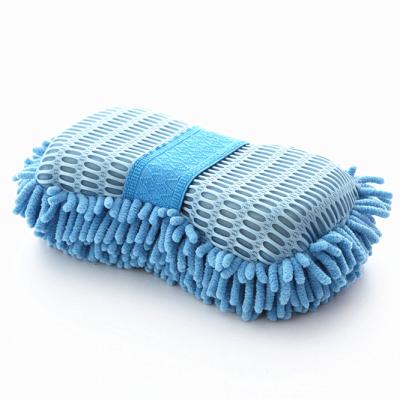 China Large Size Microfiber Chenille Soft High Quality Blue Chamber Mesh Sponge Car Detailing Wash Cleaning Rub Pad With Elastic Band for sale