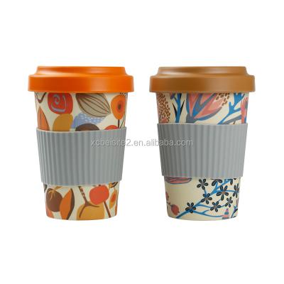 China Mikenda coffee cup disposable reusable bamboo fiber coffee travel mug ambient with silicone sleeve&lid for sale