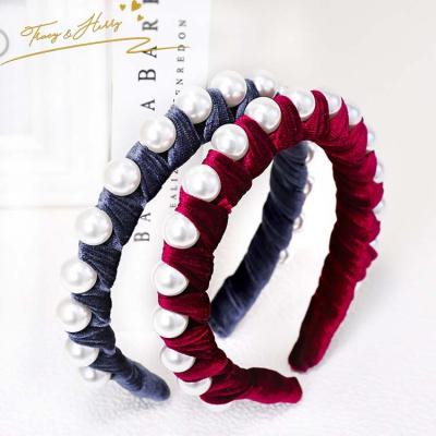 China High Quality Eco-friendly Hair Accessories Korea Pearl Headband Korea Pearl Headband Fashion Velvet Elastic Headband for sale