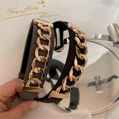 China Herry Retro Fashion New Vintage Gold Chain Tracy and PU Leather Trim Wide Side Luxury Headband Hair Band Accessories for sale