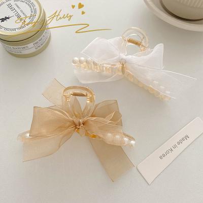 China Decoration Tracy and Herry's Elegant White French Fairy Chiffon Bow Clip Summer Pearl Hairpin Hair Claws Stand Headdress for sale