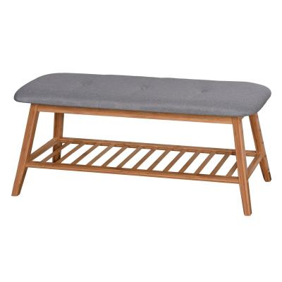 China Easy Assemble Entryway 3 Tier Shoe Bench Living Room Bamboo Storage Shoe Rack With Gray Cushion Shoe Bench for sale