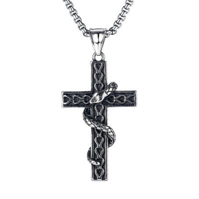 China European and American Punk Religious Jewelry Snake Wrapped Cross Stainless Steel Necklace Men for sale