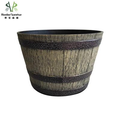 China High Quality Ronbo Sunrise Half 16 Inch Oak Whiskey Barrel Tree Bark Pattern Planter Pots for sale