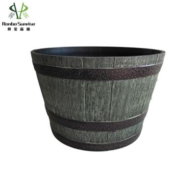 China Sunrise Light Hot Sale Classic Ronbo Whiskey Barrel Looking Plastic Wood Effect Garden Indoor And Outdoor Planter for sale