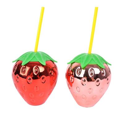 China Sustainable Cute Strawberry Shape Straw Cup Plastic Drinks Reusable Feeding Cup With Straw Bulk for sale