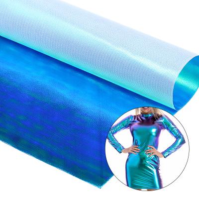 China Hot Sale Metallic Blue Sparkle Fabric 100 Polyester Shiny Iridescent Illusion Fabric For Stage Costumes Evening Dresses for sale