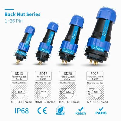 China Waterproof Connector Socket Locknut SD/SP13/16/20/28-3/4/5/6/7/8/9/12/24/26 2 Pin Panel Mount Cable Connector IP68 LED Screen for sale