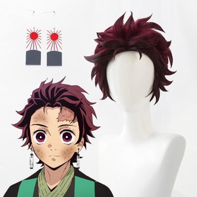 China High Temperature Wire Demon Slayer: Kimetsu No Yaiba Tanjiro Kamado Short Chestnut Brown Hair Cosplay Costume Heat Resistant Wig for sale