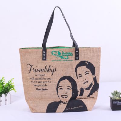 China Custom Printed Natural Color Jute Handbag Tote Carry Tote Bag Reusable Linen Hemp Shopping Handle Bag for sale