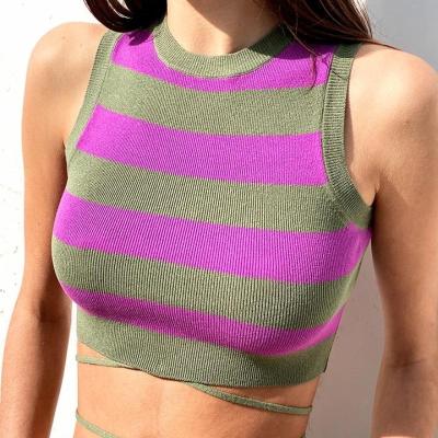 China 2023 New Spring/Tank Knitted Women's Contrast Stripe Round Neck Sleeveless Vintage Top Shorts QUICK DRY for sale