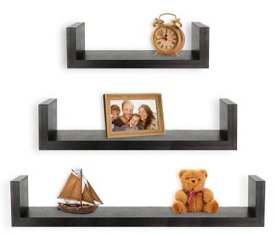 China Tiers Estante De Pared Black Foldable Wall Mount Set 3 Shelves Wooden Living Room Wall Hanging Floating Wooden Shelf for sale