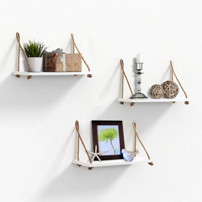 China Help Storage Estante De Pared Animate Space Rustic White Wood Wall Floating Shelves With Swing Rope for sale