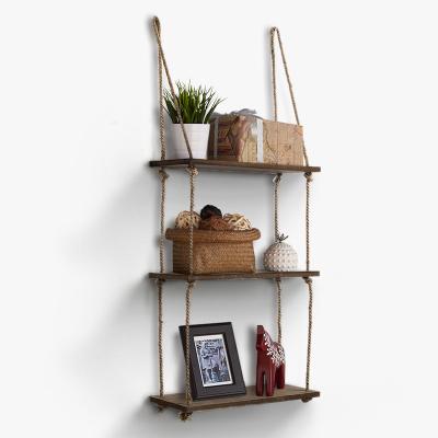 China Perfect Parents Home Storage Gift Dectoration 3 Tier Display Wall Shelf Storage Rack Wall Mount Floating Shelves With Swing Rope for sale