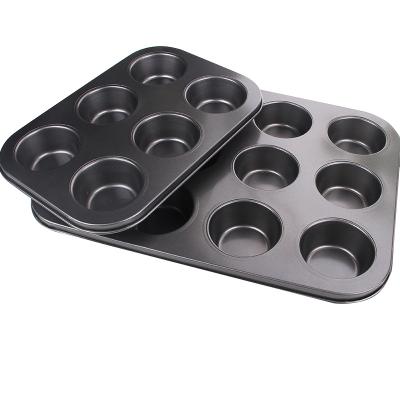 China Sustainable Hot Set Non-Stick Carbon Steel Mini 6 Cup Round Muffin Cake Baking Tray Pan For Oven Muffin Pan Cake Baking Mold Bake Tray for sale