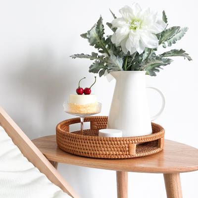 China Huangtu New Sustainable Handmade Round Woven Rattan Serving Stool Natural Coffee Tray With Floating Cane Rattan Tray for sale