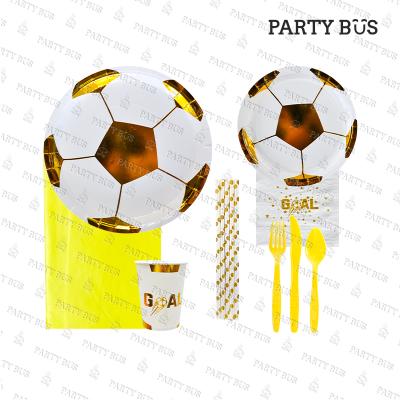 China PARTYBUS World Cup Football Party Disposable Gold Paper Plates, Cups, Napkins Tableware Disposable Tableware Sets For Celebration for sale