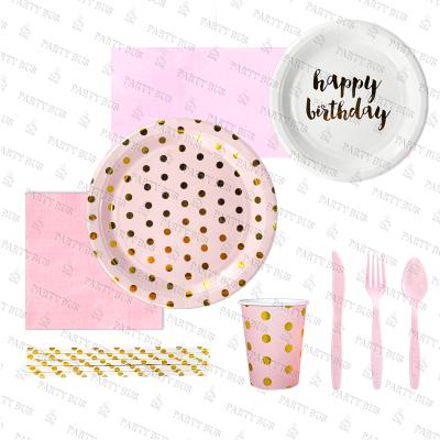 China PARTYBUS 2021 Hot Sale Rose Gold Birthday Paper Plates, Cups, Napkins Birthday Party Supplies Disposable Tableware Places For Girl for sale