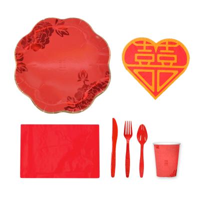 China PARTYBUS Disposable Disposable Red Round Fan Shaped Elegant Chinese Party Supplies Disposable Tableware Sets For Celebrating Wedding for sale