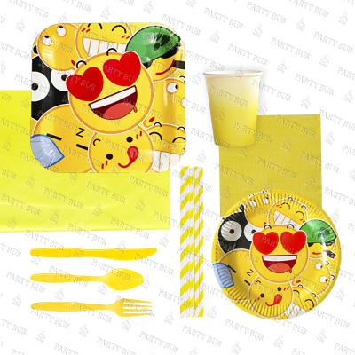 China PARTYBUS Disposable Happy Face Theme Paper Plates, Cups, Disposable Napkins Party Supplies Tableware Tableware Kits For Birthday for sale