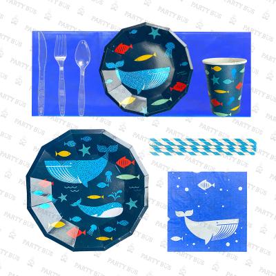 China PARTYBUS Disposable Blue Ocean Birthday Party Kits Whale Paper Plates Napkins Tableware Animal Tableware Sets Under The Sea For Boy for sale