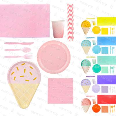 China PARTYBUS Disposable Ice Cream Shape Paper Plates Disposable Summer Ice Cream Kids Birthday Party Colorful Themed Tableware Kits for sale