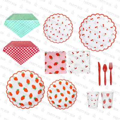 China 2021 Disposable Strawberry Cherry Paper Plates Kit Strawberry Cherry Paper Plates Hot Wholesale Disposable Paper Cups Kits Summer Factory PARTYBUS Party for sale