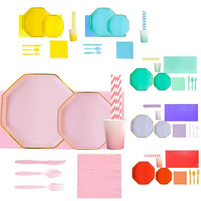 China Disposable PARTYBUS Disposable Octagon Solid Color Paper Plate Party Tableware Dishes Set for Party Supplies for sale