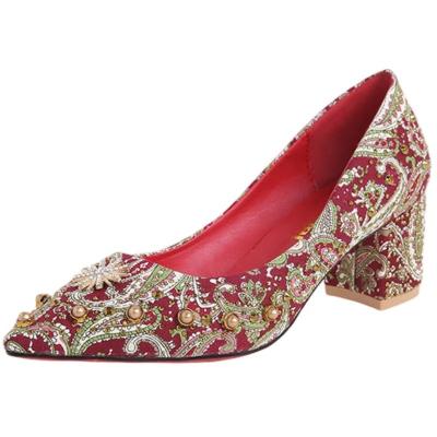 China New Breathable Women's Chinese Red Wedding Shoes Crystal Chunky High Heels Dress Bridal Shoes for sale