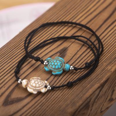 China Handwork Leather Women's Weaving Bracelet Trendy Beach Retro Vintage Bohemian Charm Cut Out Turquoise Turtle Pendant Bracelets for sale