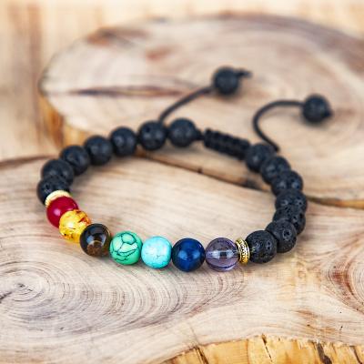 China BOHEMIA 7 Volcanic Lava Mala Meditation Charm Bracelets Wrap Stretch Real Stones Chakra Healing Bracelet for sale