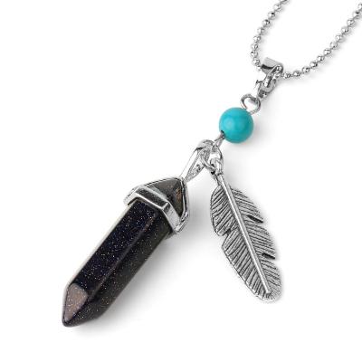 China FASHIONABLE Natural Blue Sand Reiki Point Healing Stone Hex Pendants Feather Necklace Gift Jewelry Fashion for sale