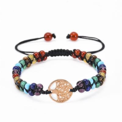 China TRENDY Natural Tree 7 Chakra Stone Boho Yoga Wrap Bracelet Gold Color Braided Jewelry Double Layer Bracelet Girl Gift For Life for sale