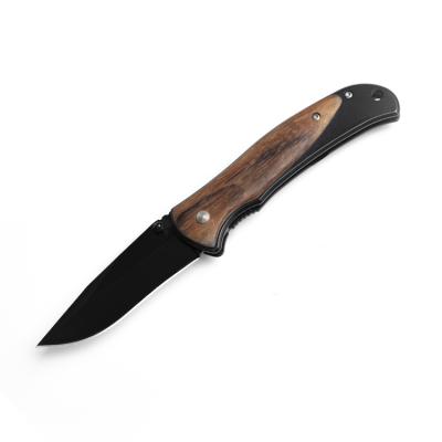 China Non-variable black oxide handle camping knife 8CrR14 thin wood blade, wood handle pocket knife for sale