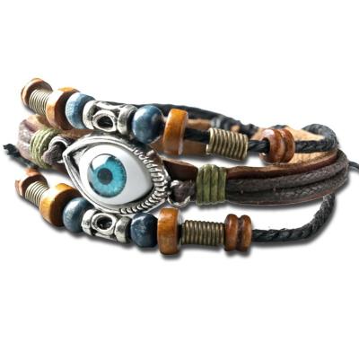 China Casual / Sporty Multilayer Devil Eye Bracelet Men's Leather Bracelet Beaded Adjustable Leather Wristband for sale