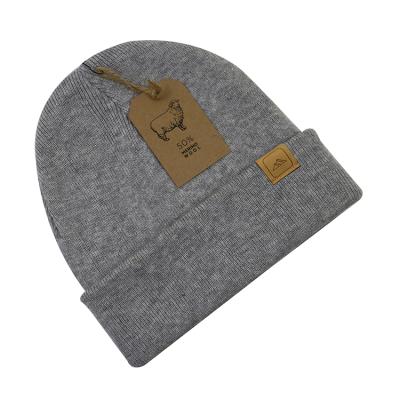 China JOINT Custom Merino Leather Premium Wool Free Warm Wool Ribbed Knitted Patch Knit Women's Beanies Winter Hats for sale