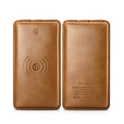 China Real leather protective and portable ICARER 2-in-1 10000mAh radio charging power bank for sale