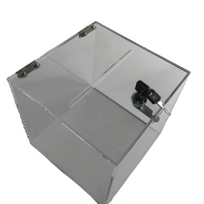 China Office Cube Lockable Acrylic Charity Box With Lock And Poster Holder for sale