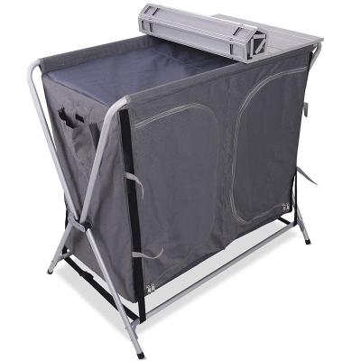 China Outdoor Camping Raising Folding Folding Camp Kitchen Cupboard Camper Caravan Accessories Folding Table with Storage Room and Windshield for sale