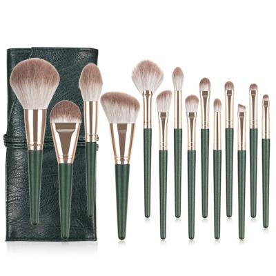 China Artificial Fiber Manufacturer Sale 14pcs Green Cosmetic Brushes Blush Eyeshadow Makeup Brush Set for sale