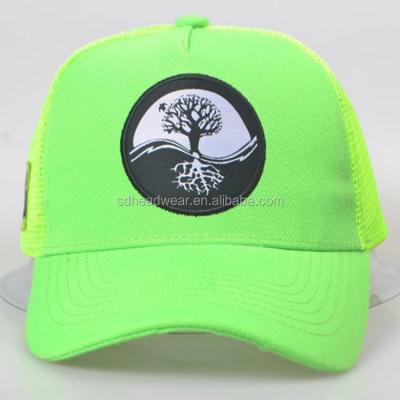 China JOINT 5 Panel Design Your Own Logo Curved Long Bill Custom Neon Green Mesh Trucker Hat With Patch for sale