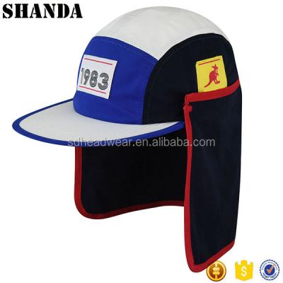 China JOINT Fashion Custom Woven Label 5 Panel Hat With Neck Shade Flapper Hat for sale