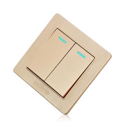 China Gold Color Push Button Home Wall Switch 2 Gang 2 Way Switch Residential Electrical Outlet 250V 16A for sale