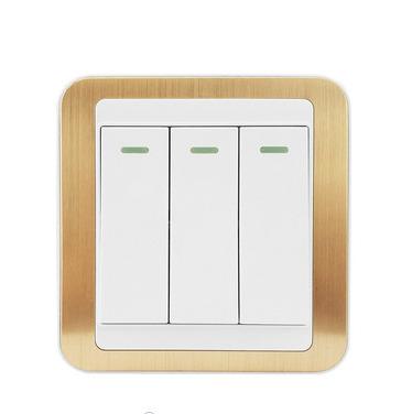 China Residential Units SHARING British Standard White &Gold Panel 250vac 16amp Push Button 3 Gang 2 Way Wall Light Switch For Saudi Arabia /UK 86*86mm for sale