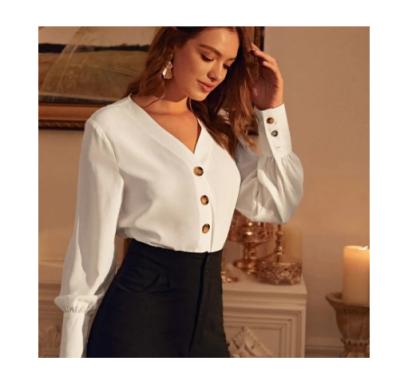 China Anti-pilling ladies Hot selling HSD Women Clothing women's Solid Bishop Sleeve Button Front Blouse, long sleeves casual blouses for sale