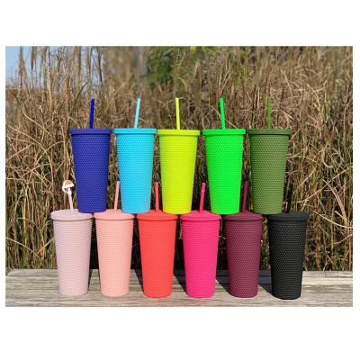 China 710ml 690ml Double Wall Stud Stocked Reusable Matte Pink Tumbler Bling Plastic Cups With Straw And Lid for sale