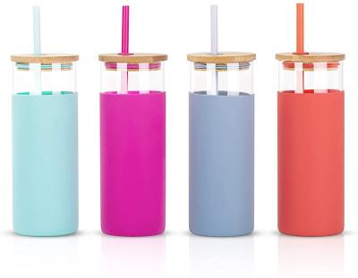 China 500ml Leak Proof Glass Borosilicate Gym Water Bottles Colorful Stocked Tumbler Set Straw With Bamboo Silicone Leather Sleeve Caps Lids for sale